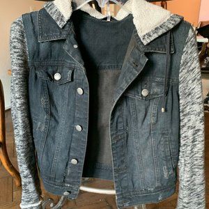 Hooded black denim jacket with fabric sleeve